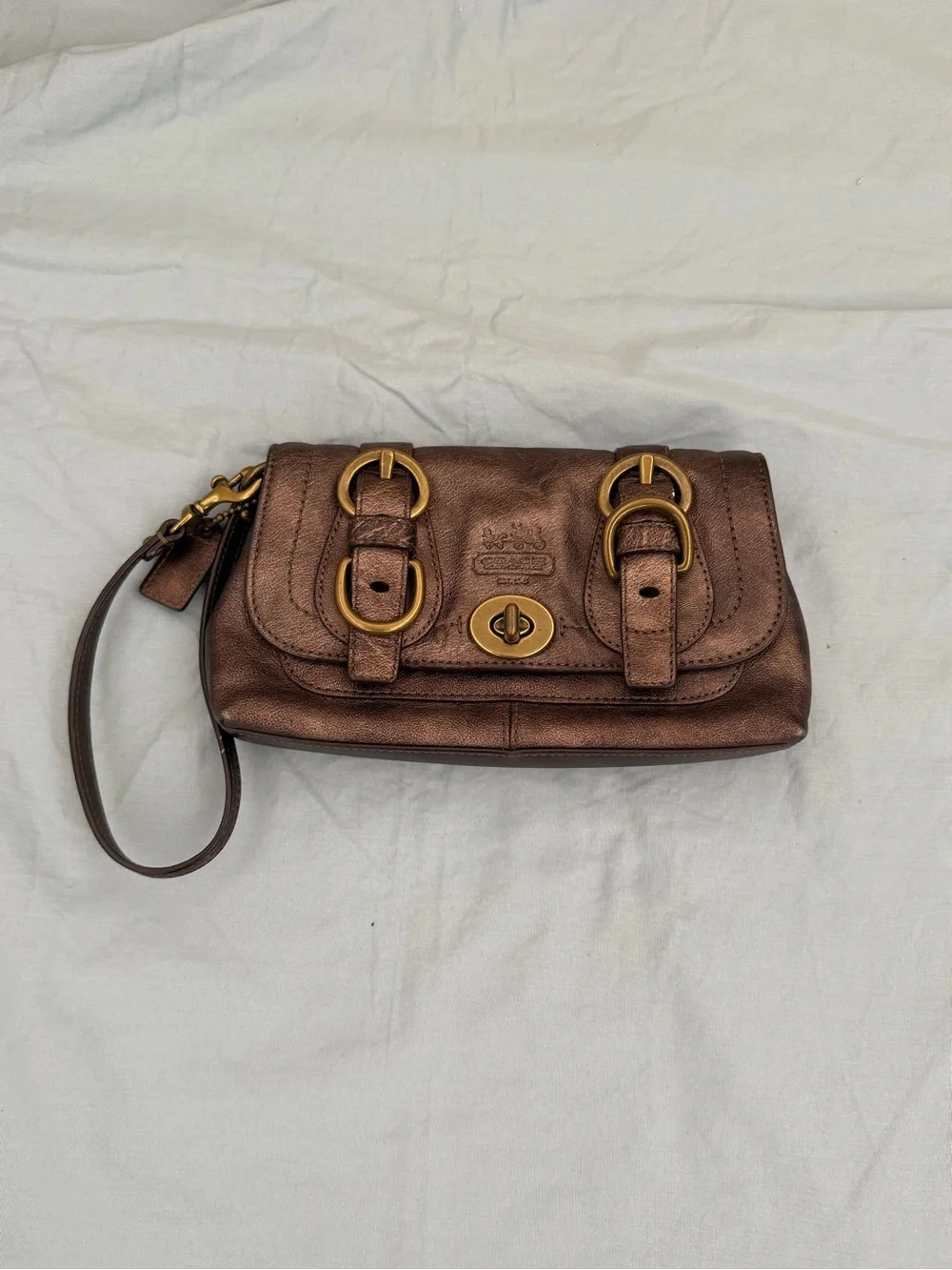 Coach | Legacy Garcia Bronze Metallic Leather 2 Buckle Turn Lock Wristlet - Picture 2 of 4